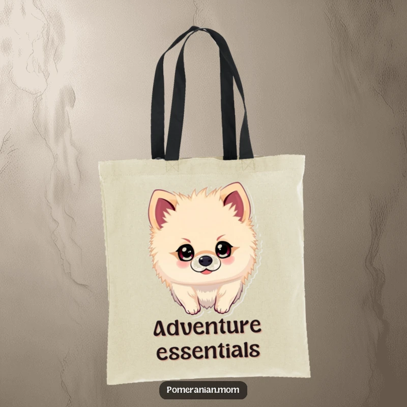 Funny Kawaii Pomeranian Tote Bag: Cute dog with bright, sparkling eyes, ready for adventure, a humorous and practical accessory.