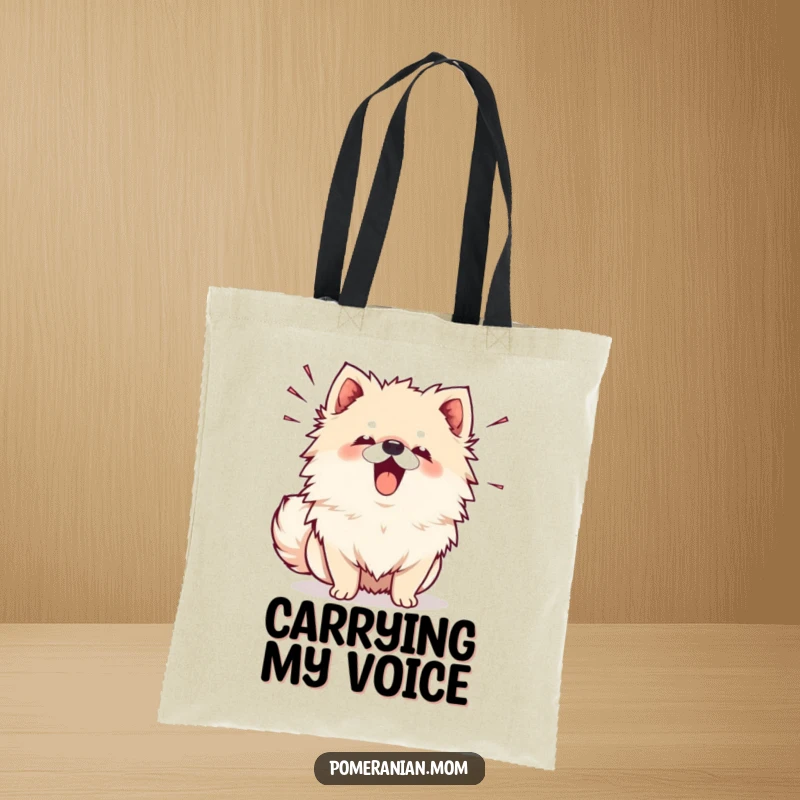 Funny Kawaii Pomeranian Tote Bag: A cute dog barking with noticeable sound lines, perfect for carrying items and spreading funny noise.