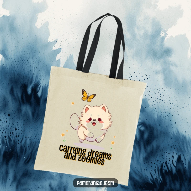 Funny Kawaii Pomeranian tote bag, a cute dog energetically chasing a butterfly, perfect for market trips.
