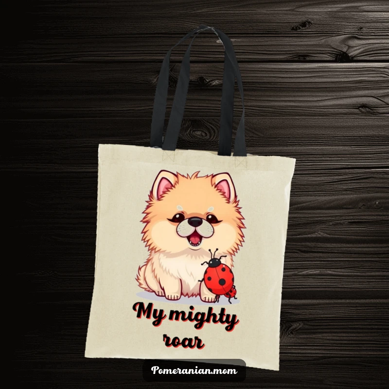 Funny tote bag featuring a kawaii Pomeranian bravely barking at a tiny ladybug, perfect for carrying groceries with a smile.