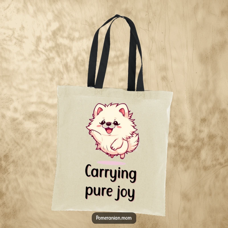 Funny Kawaii Pomeranian tote bag illustrating a small dog mid-leap with a fluffy bundle of energy, perfect for daily use.