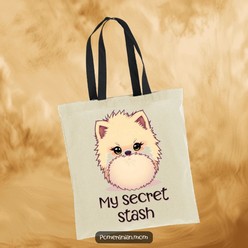 Funny Kawaii Pomeranian Tote Bag: Cute dog hiding playfully behind a pom-pom, a humorous and charming accessory for daily use.