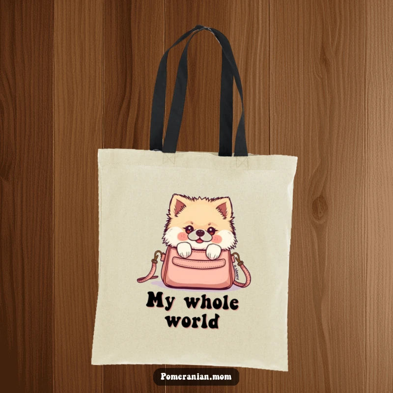 Funny Kawaii Pomeranian peeking adorably from a tiny purse on this durable tote bag, showcasing its inquisitive and sweet personality.