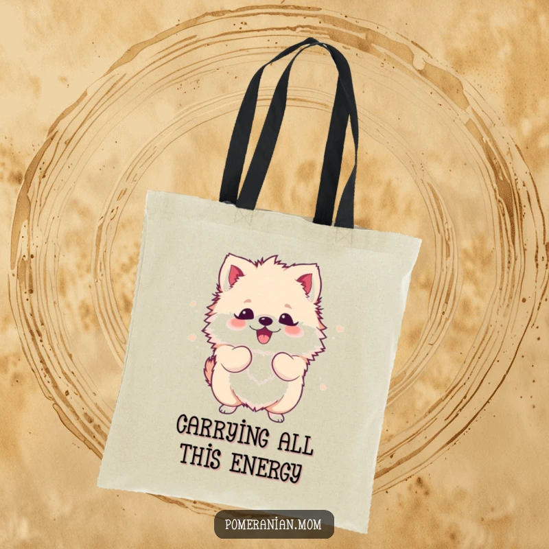 Funny Kawaii Pomeranian Tote Bag: A cute, fluffy dog shaking its body with pure joy and excitement, perfect for carrying items.