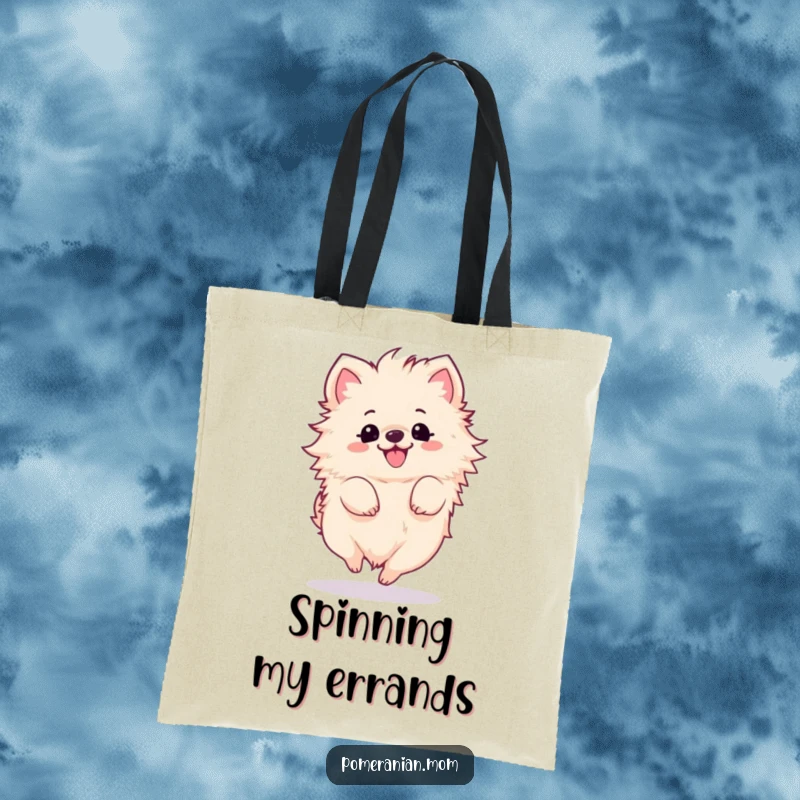 Funny Kawaii Pomeranian Tote Bag: A fluffy dog in a joyful spin, perfect for carrying daily essentials with style.