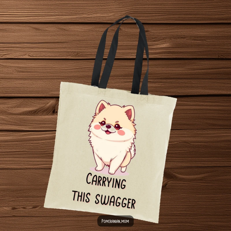 Funny Kawaii Pomeranian Tote Bag: A small, cute dog confidently strutting with a massive personality, perfect for carrying confidence.