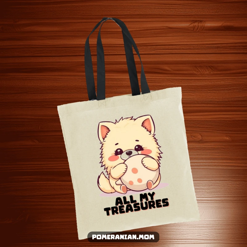 Funny Kawaii Pomeranian Tote Bag: A cute dog hugs a comically large squeaky toy with sheer delight, a perfect humorous accessory.