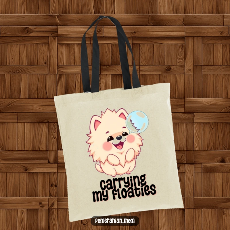 Funny tote bag illustrated with a kawaii Pomeranian joyfully barking at a floating bubble, great for everyday use.