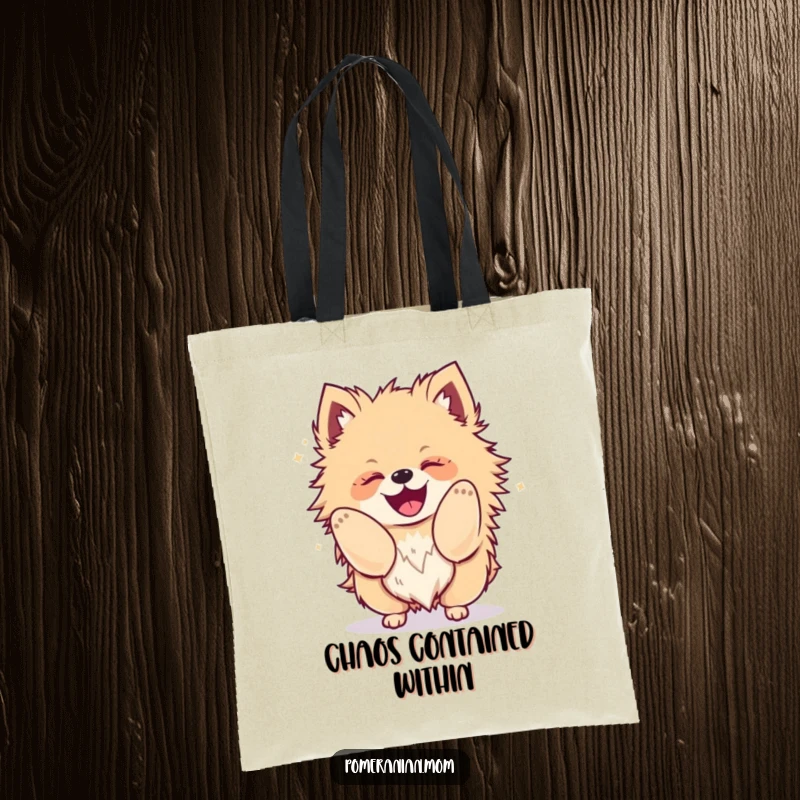 Funny Kawaii Pomeranian tote bag, showing a fluffy dog shaking its body with glee, great for daily use.
