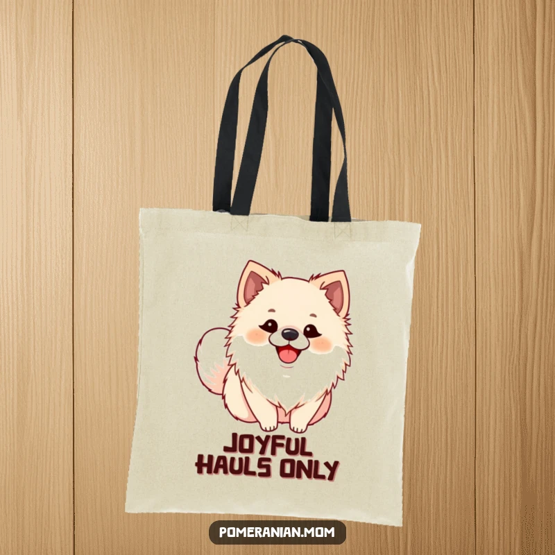 Funny Pomeranian tote bag featuring an ecstatic dog with a wagging tail, a cute and humorous accessory for everyday.