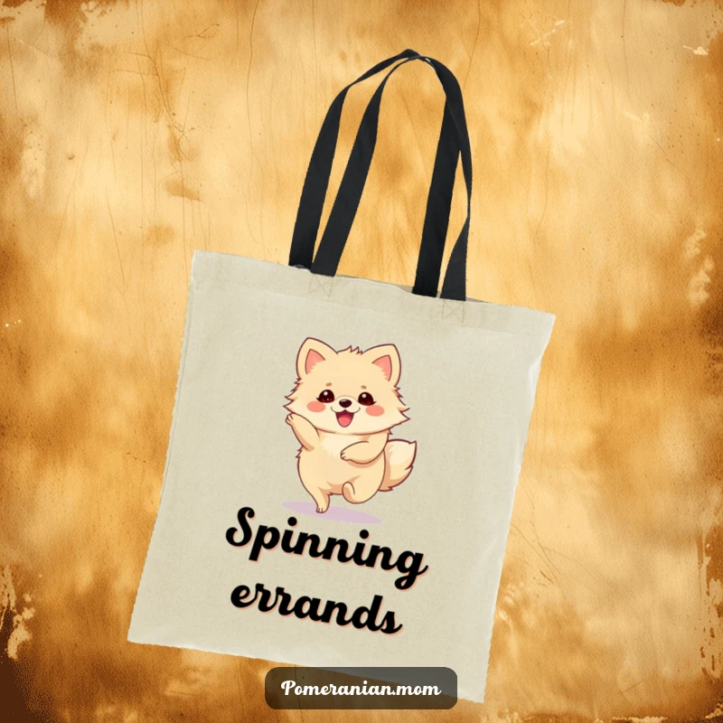 Funny Pomeranian Tote Bag featuring a cute Pomeranian character performing a joyous, spinning twirl.