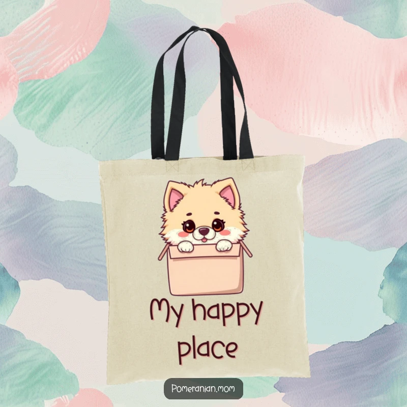 Funny tote bag with a kawaii Pomeranian peeking from a toy box with a surprised expression, perfect for carrying daily essentials.
