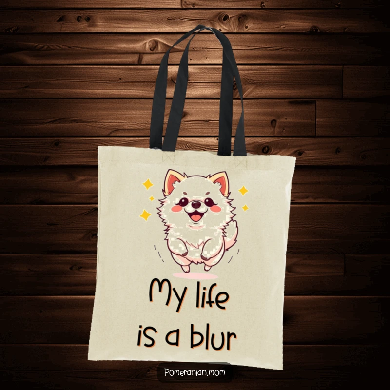 Funny kawaii Pomeranian performing energetic zoomies tote bag, a practical and cute accessory for dog lovers.