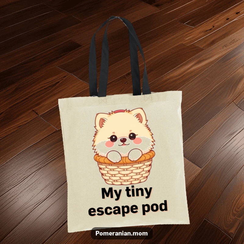 Funny Kawaii Pomeranian peeking from a small basket, printed on a durable tote bag, a charming and humorous accessory.