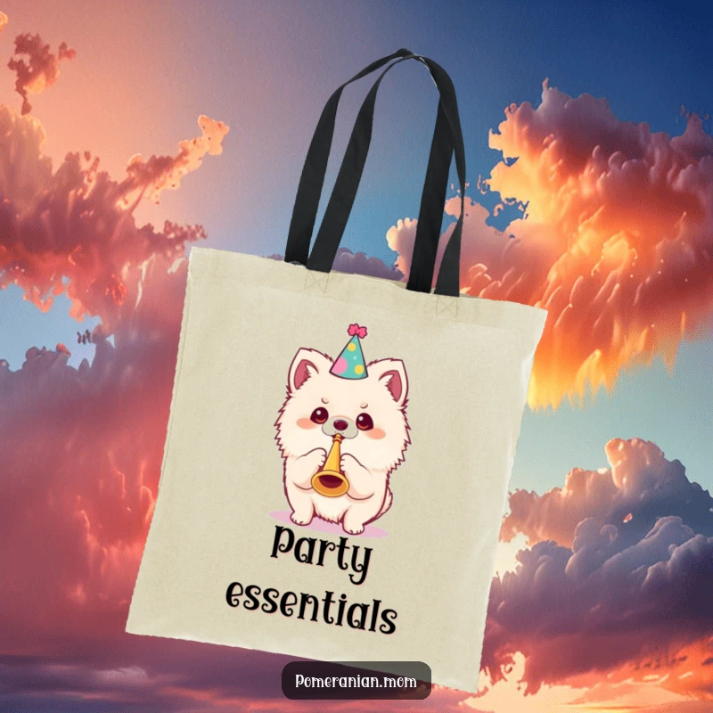 Funny Kawaii Pomeranian Tote Bag: A cute dog wearing a party hat blows a tiny trumpet, a humorous accessory for celebrations.