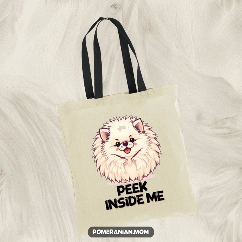 Funny Pomeranian Tote Bag featuring a happy Pomeranian peeking out from behind a large, cheerful pompom.