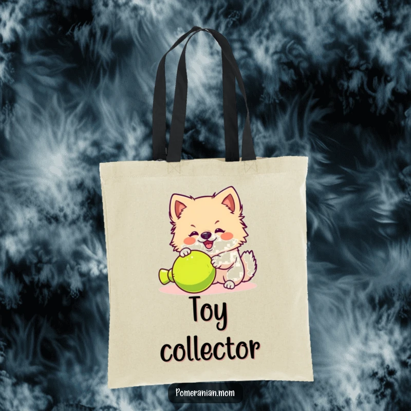 Funny kawaii Pomeranian tote bag, illustrating a fluffy dog yipping excitedly at a toy. Great for playful dog owners.